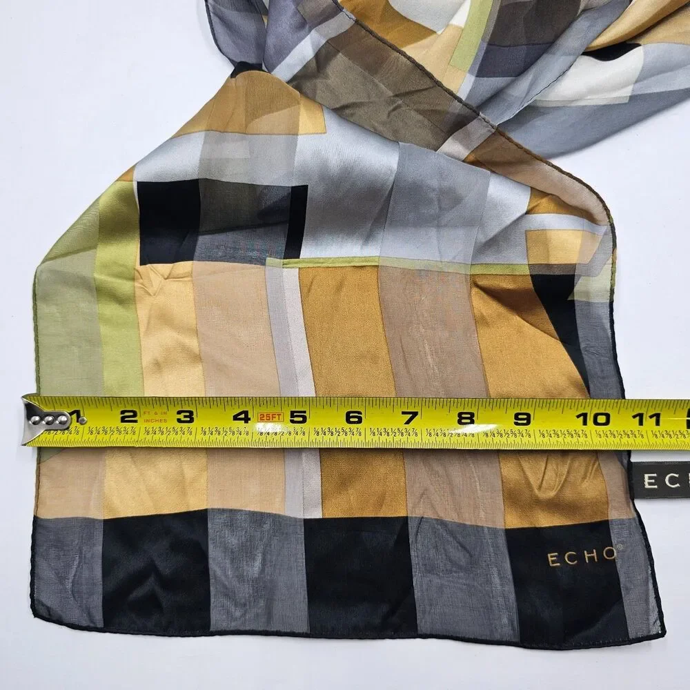 VTG Echo Silk Scarf Abstract Geometric Colorblock Gold Olive Green Oblong 11x52
